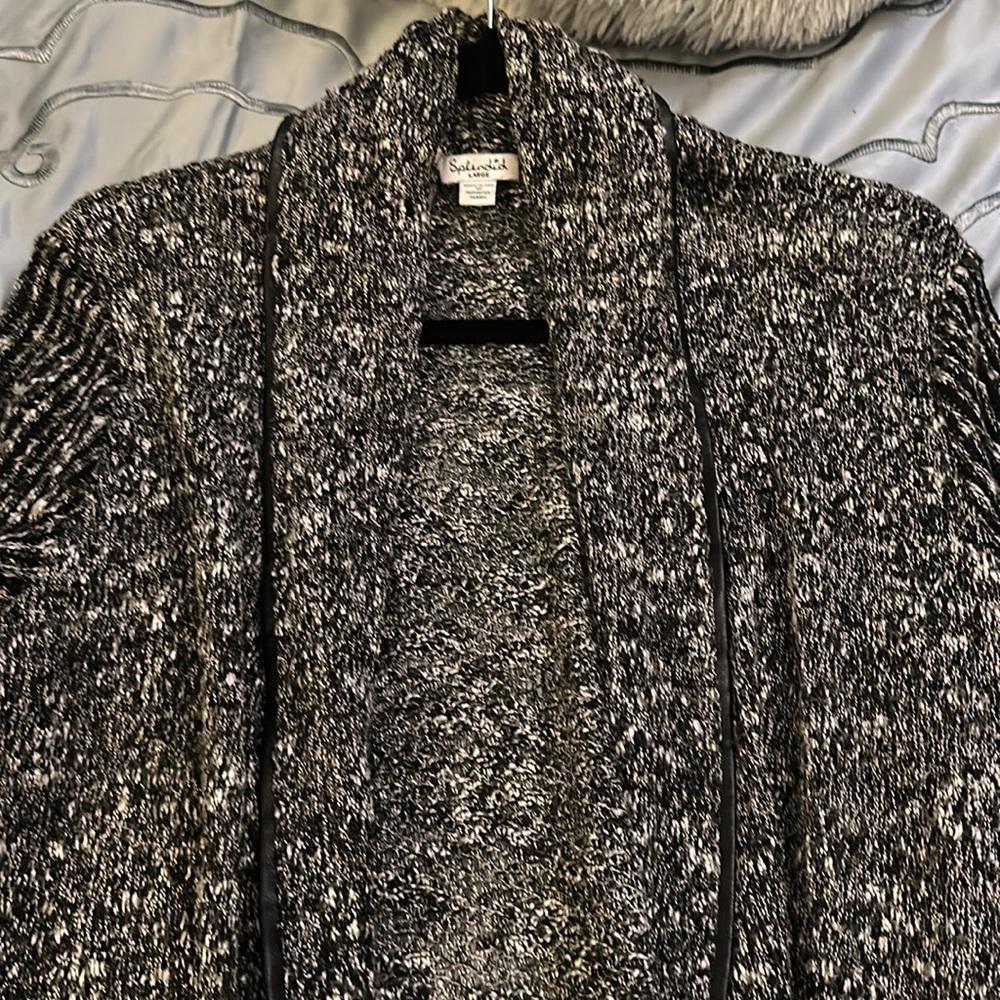 Splendid open front cardigan black white knit Large different sleeve pattern